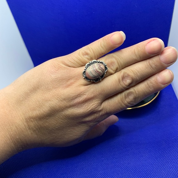 Banded Rhodochrosite Ring! .925 Sterling Silver Plated, Size 7.5 - Picture 6 of 10